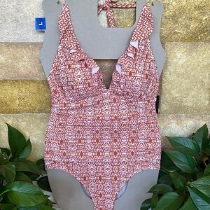 NEW Ellen Tracy Women’s One Piece Ruffled V-Neck Halter Peach Tribal Swimsuit